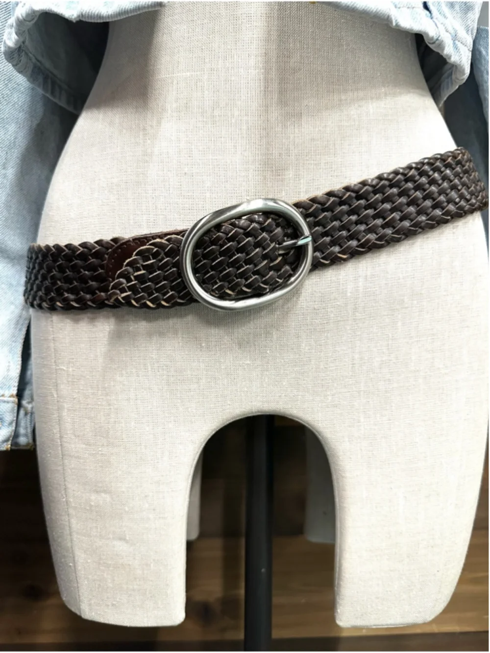 Talbots Brown Braided Leather Belt Silver Buckle Woven Small Medium Classic